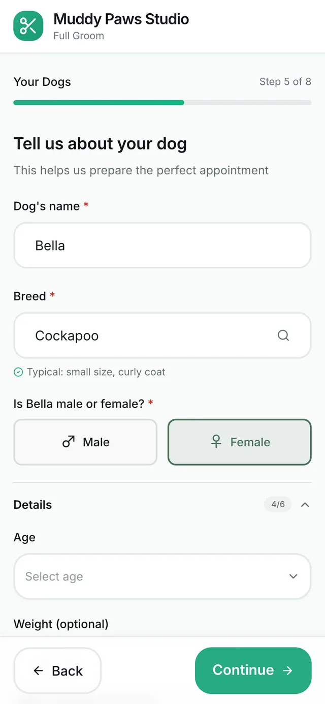 The GroomRules booking page asking about the dog: name, breed (Cockapoo, typical small size and curly coat) and sex